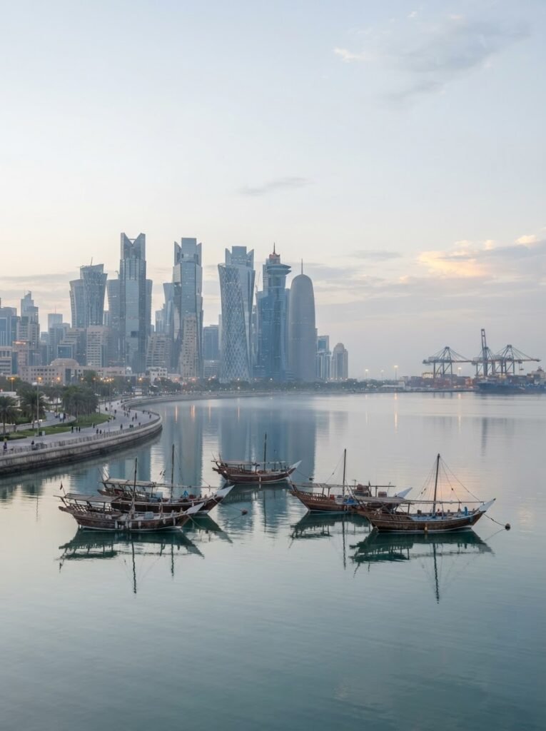 Doha waterfront skyline in soft morning light, the Qatar and GCC market for 1121 golden sella basmati rice