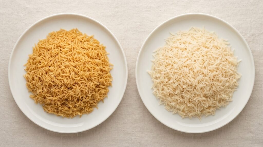 Cooked 1121 golden sella basmati rice beside cooked white sella showing the colour difference