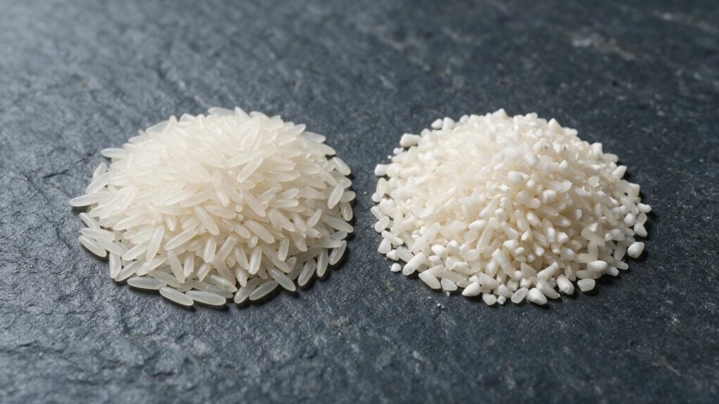 Two piles of white rice comparing 5 percent broken and 25 percent broken grades
