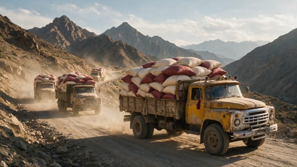 Trucks loaded with rice sacks on a mountain highway near the Afghanistan border for Central Asia rice imports