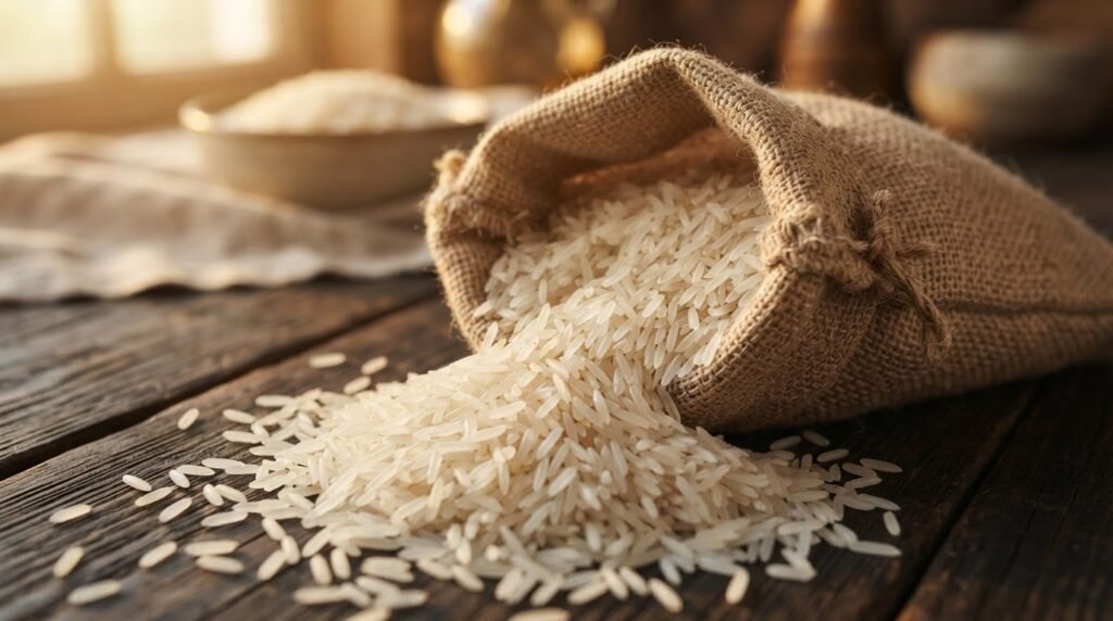 Long-grain aged basmati rice spilling from a burlap sack, showing premium export quality for GCC buyers