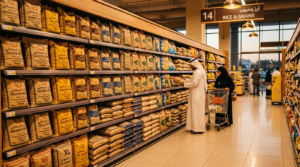 Stacked rice bags in a Bahrain retail aisle representing the country's import-dependent rice market