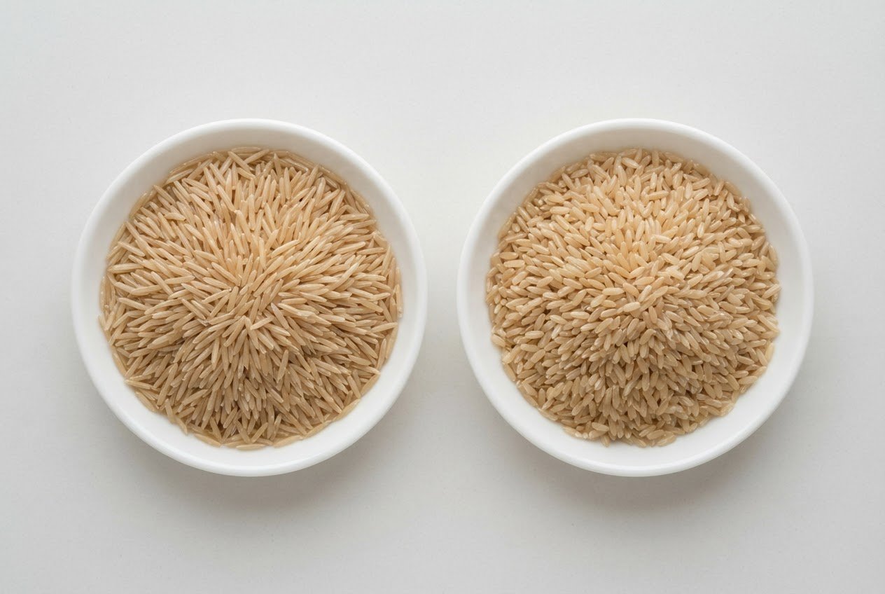 1121 brown basmati rice and IRRI-6 brown rice grains compared side by side