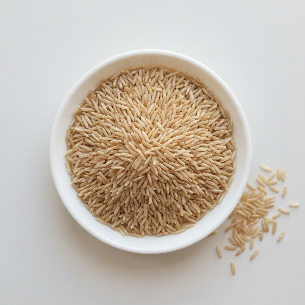 1121 brown basmati rice grains in a white dish