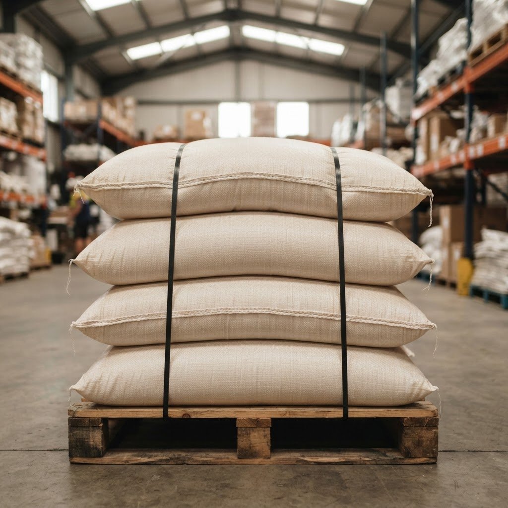 Brown rice in 40kg and 50kg trade sacks on pallets