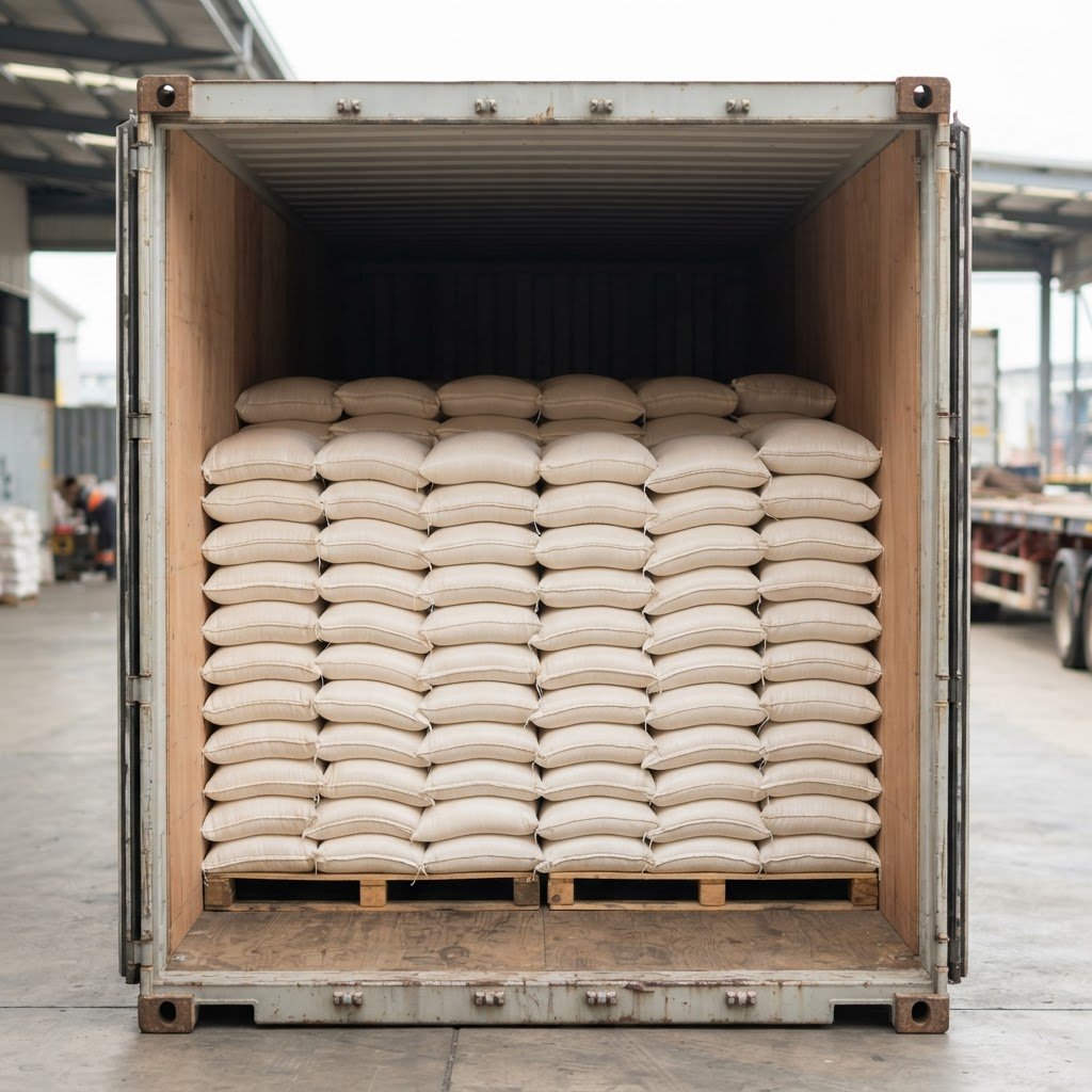 Brown rice sacks loaded into a shipping container for export