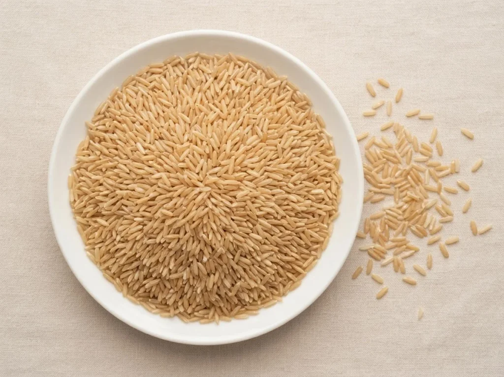 IRRI-6 brown long grain rice grains in a white dish
