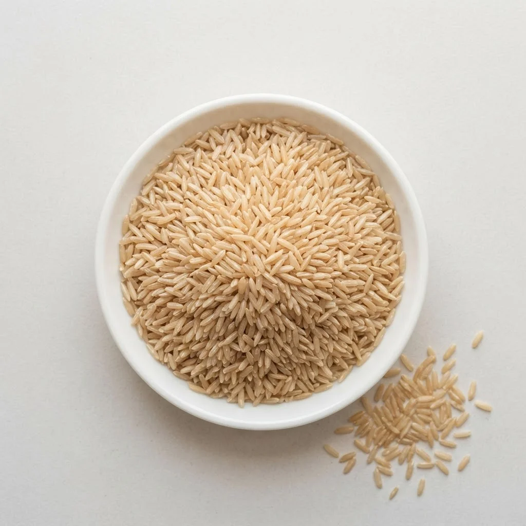 IRRI-9 brown long grain rice grains in a white dish