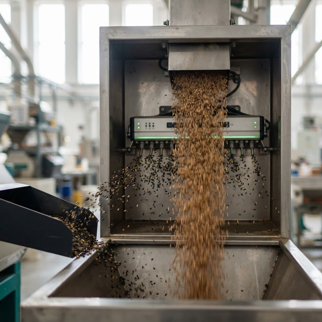 Brown rice passing through an optical colour sorter at a Pakistani mill