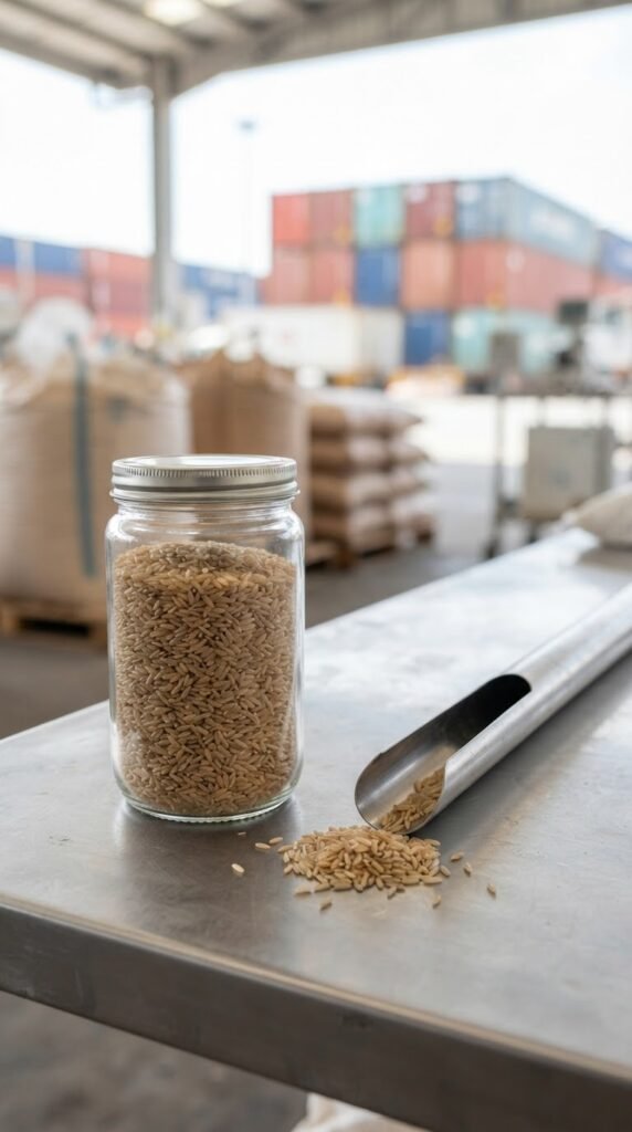 Pre-shipment inspection of brown rice before loading at Port Qasim
