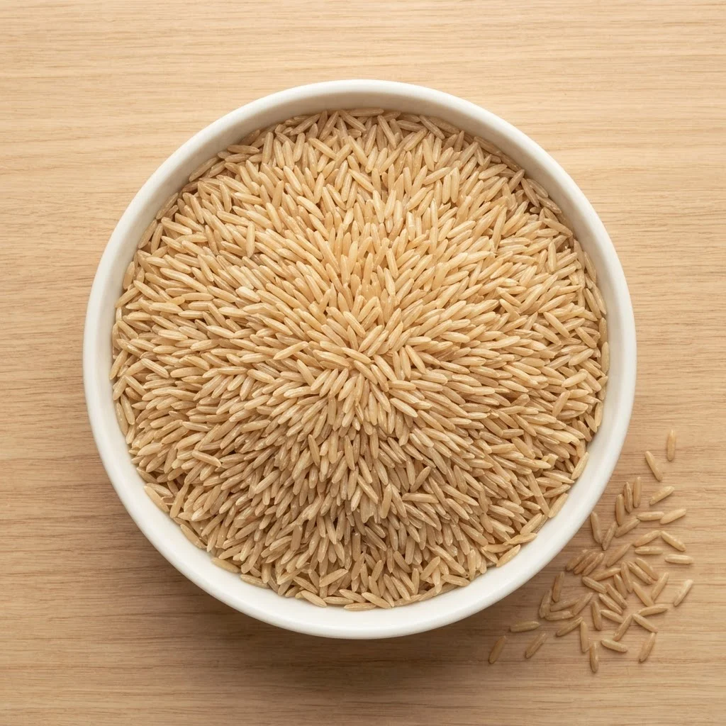 Super Brown Super Kernel brown basmati rice grains in a white dish