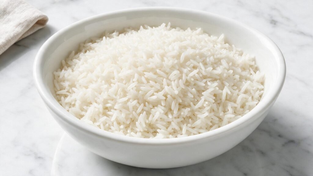 Top-down view of C-9 long-grain white rice in a white ceramic bowl on marble