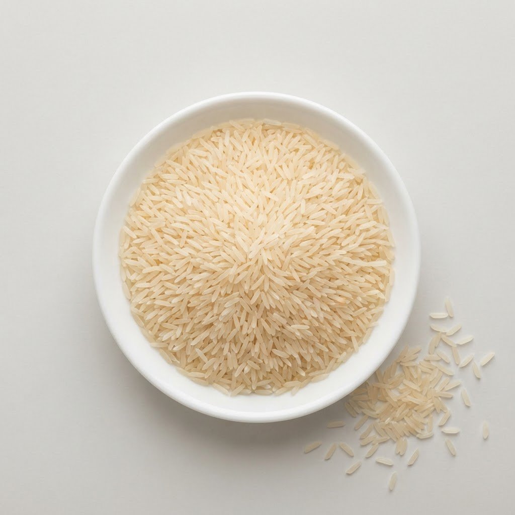 Creamy sella basmati rice, long pale cream parboiled grains in a white dish