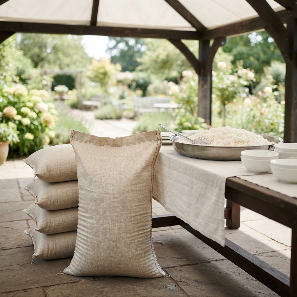 40kg and 50kg sacks of D-98 basmati rice at an outdoor catering pavilion