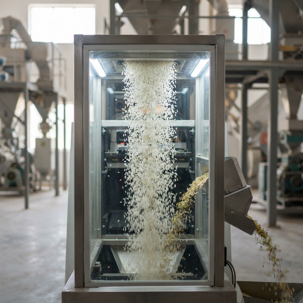 D-98 basmati rice being colour sorted to a single variety at the mill