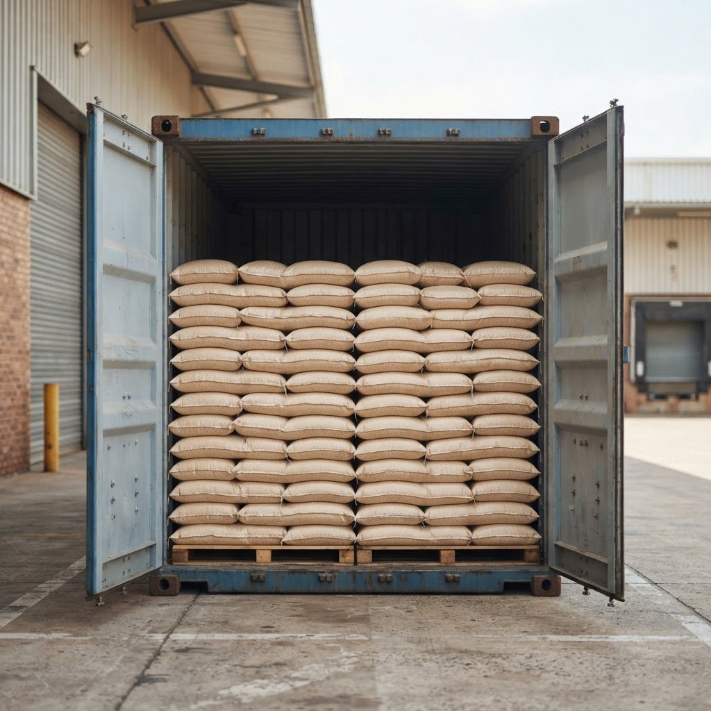 D-98 basmati rice sacks loaded into a shipping container for export