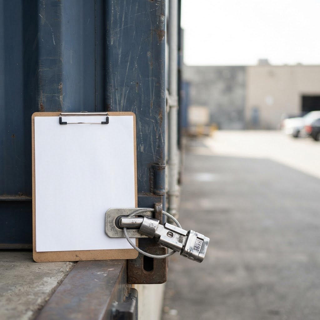 A sealed container of D-98 basmati rice with its shipping docket at the loading bay