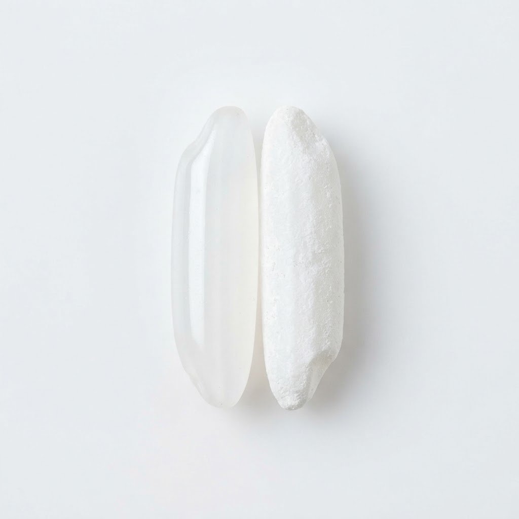 Two rice grains compared, one polished bright and one dull