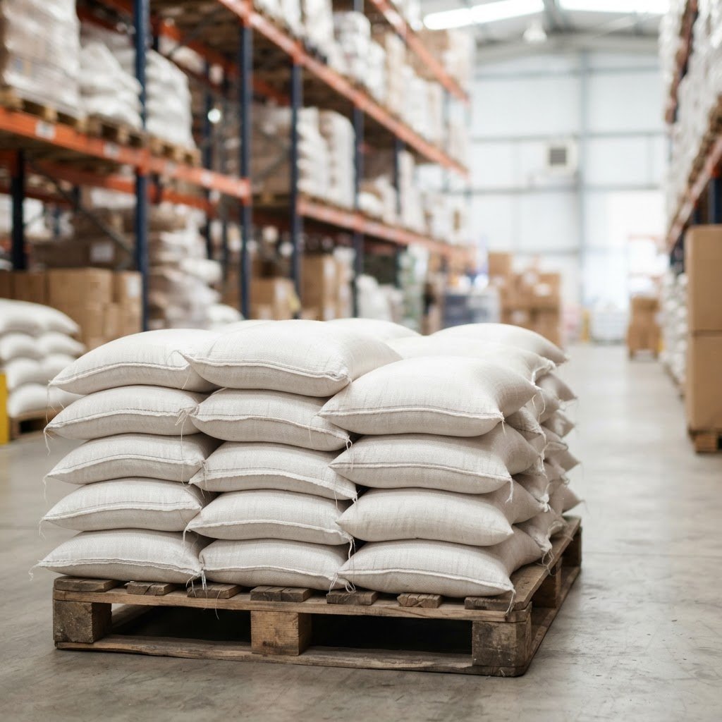 D-98 basmati rice sacks on pallets in an importer's distribution warehouse