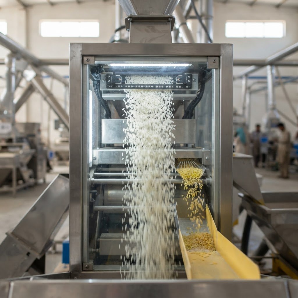 An optical colour sorter grading D-98 basmati rice at the mill