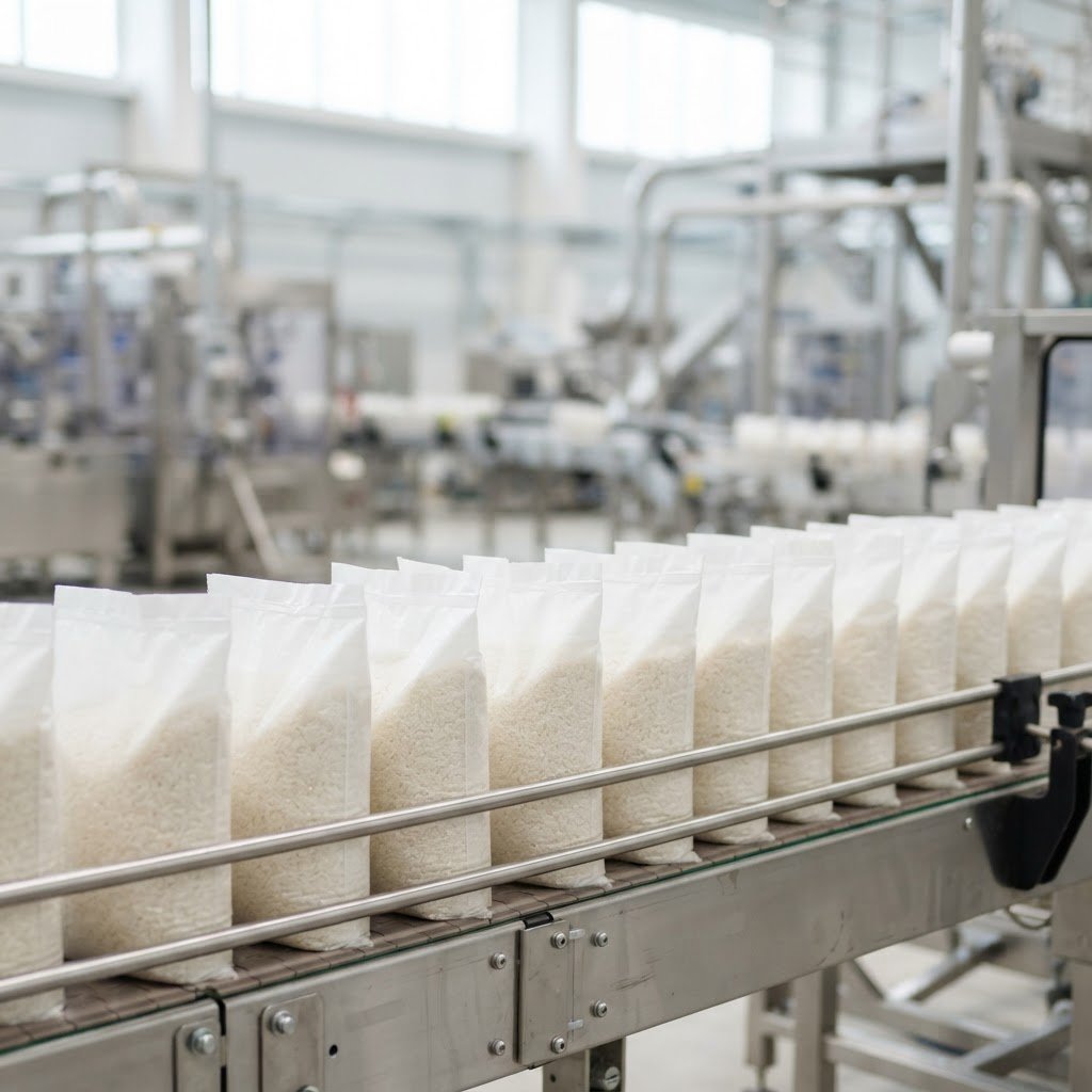 D-98 basmati rice filled into plain retail bags on an own-brand packing line