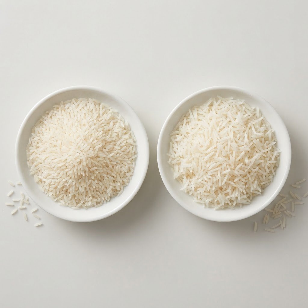 D-98 basmati rice raw and cooked side by side showing how far the grain stretches