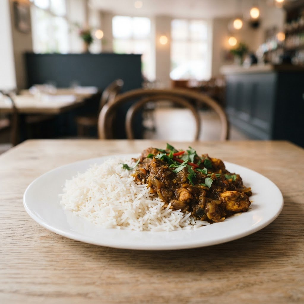 D-98 basmati rice served as the base under a spiced dish
