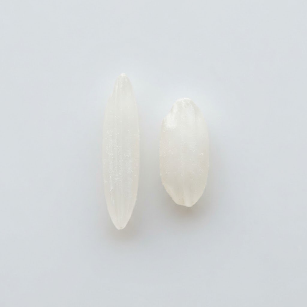 A D-98 basmati grain beside a shorter plumper grain showing the slender basmati shape