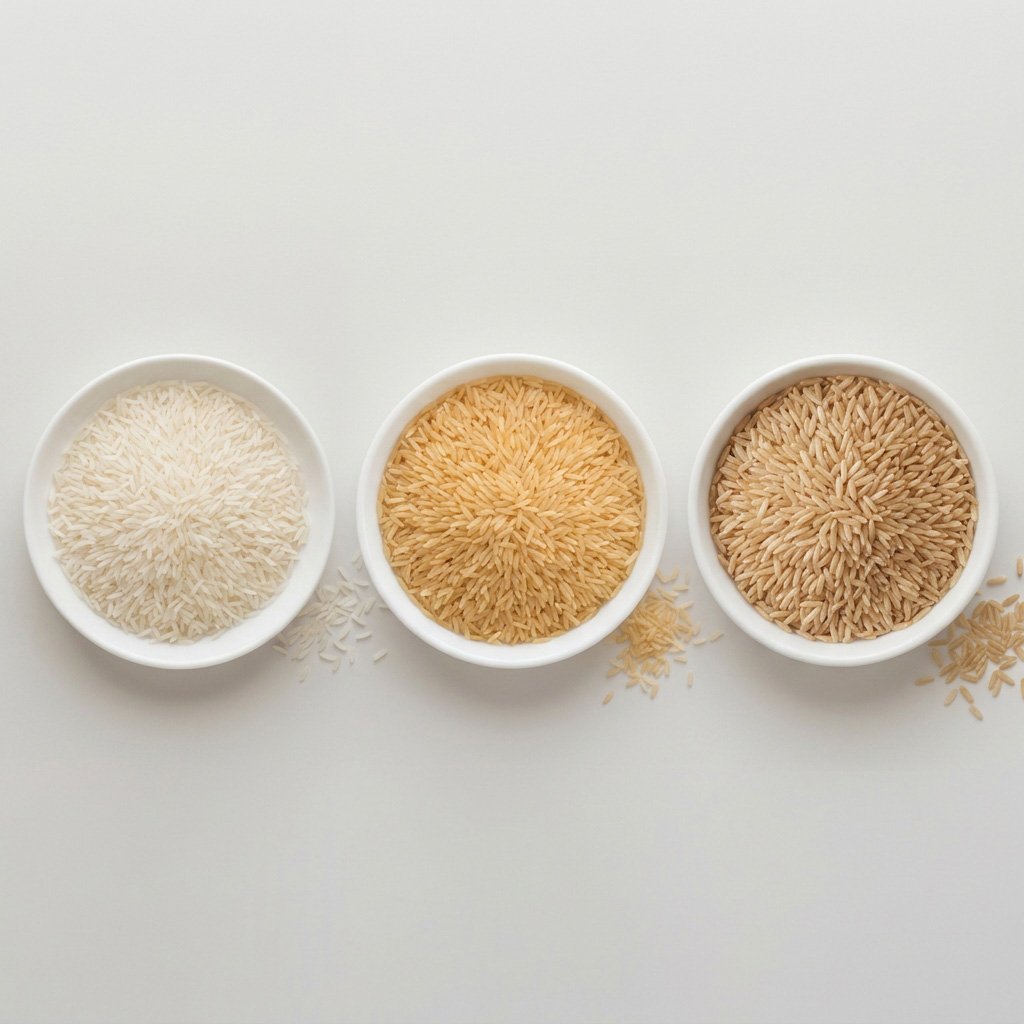 D-98 basmati rice white, sella and brown compared side by side