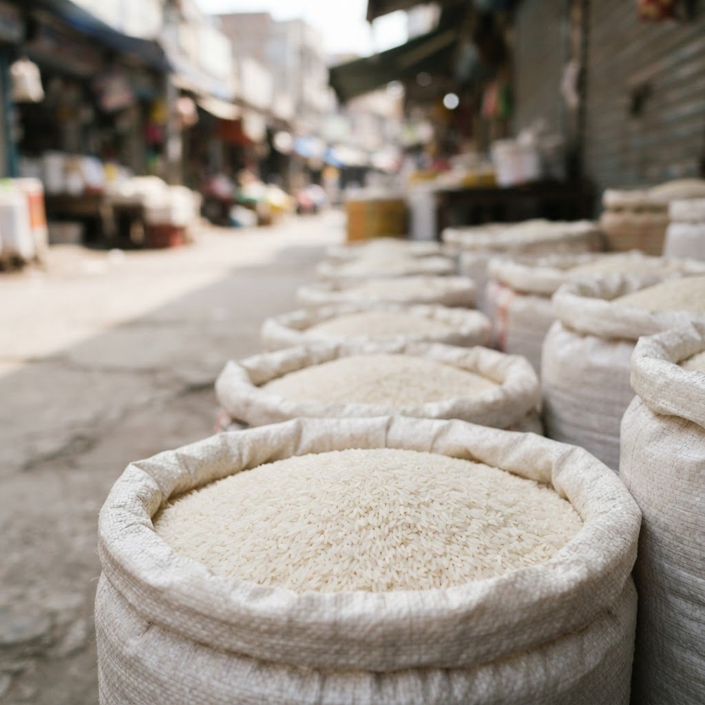 D-98 basmati rice sacks open at a wholesale market storefront