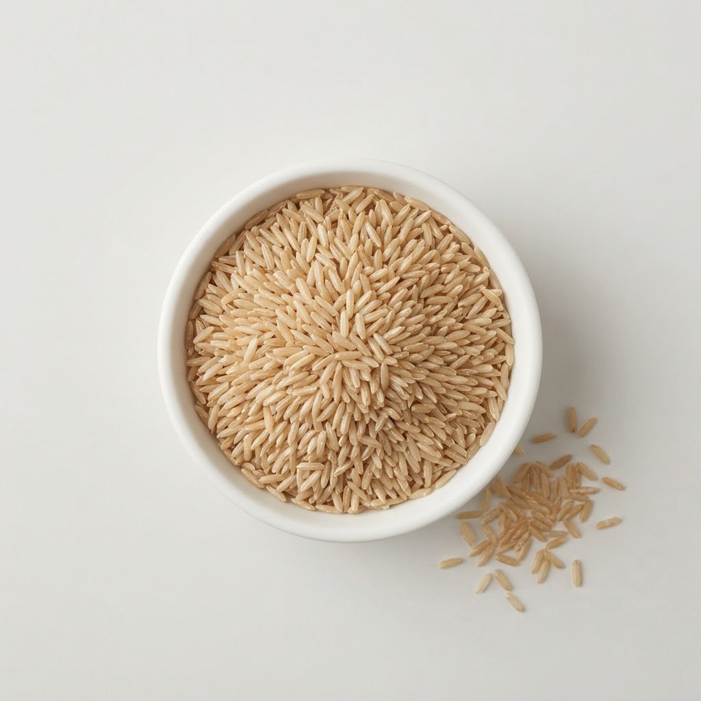 D-98 brown basmati rice with the bran layer intact in a shallow white dish