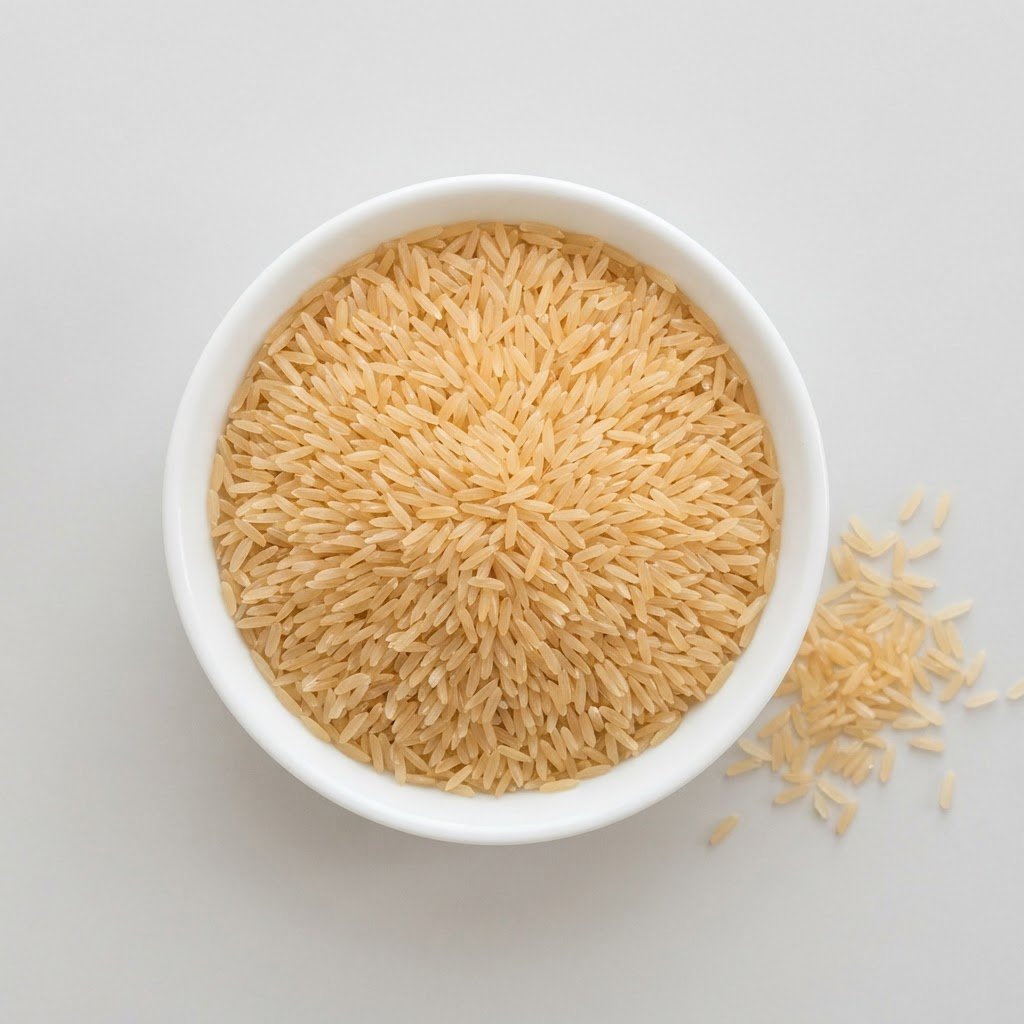 D-98 sella parboiled basmati rice in a shallow white dish