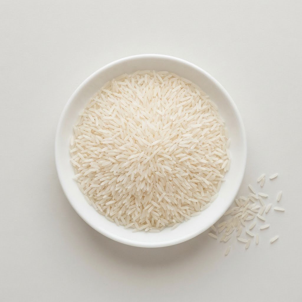 D-98 white basmati rice in a shallow white dish