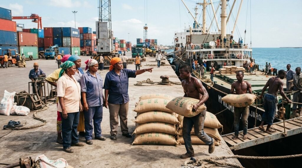Rice sacks and containers at an East African port illustrating regional rice trade and imports