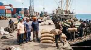 Rice sacks and containers at an East African port illustrating regional rice trade and imports