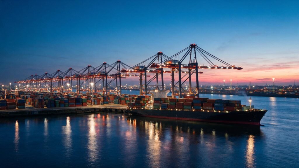 Illuminated cranes and containers at the Port of Rotterdam for EU basmati rice imports