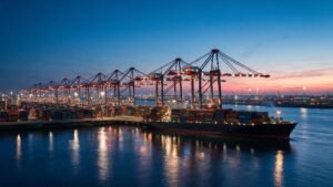 Illuminated cranes and containers at the Port of Rotterdam for EU basmati rice imports