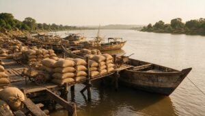 Wooden cargo boats and jute rice sacks on a River Gambia quayside for Gambia rice imports