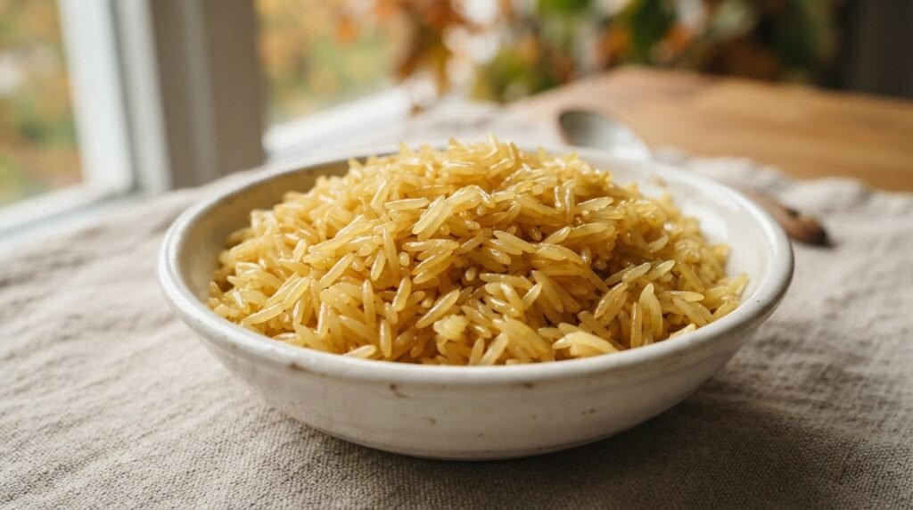 Golden sella basmati rice in a white bowl highlighting its characteristic parboiled golden color