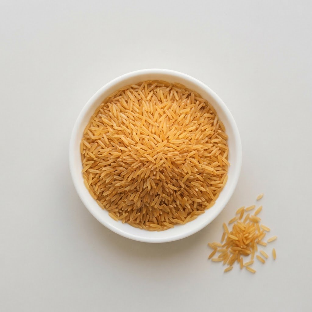 Golden sella basmati rice, long amber grains in a white dish