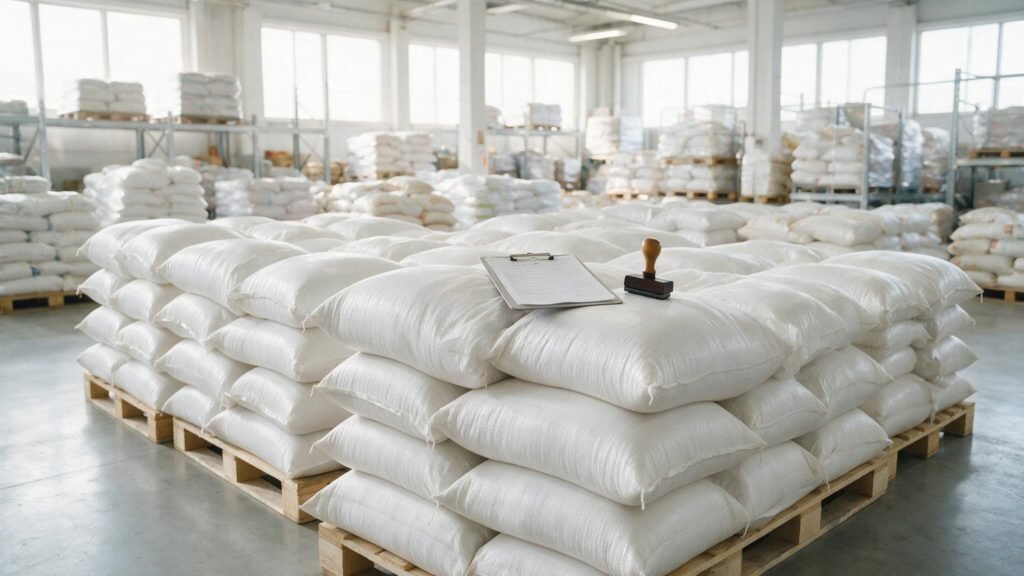 Rice sacks on pallets with inspection paperwork for US FDA rice import compliance