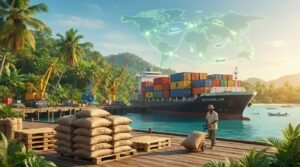 Cargo ship and rice sacks with shipping routes illustrating Incoterms for rice buyers
