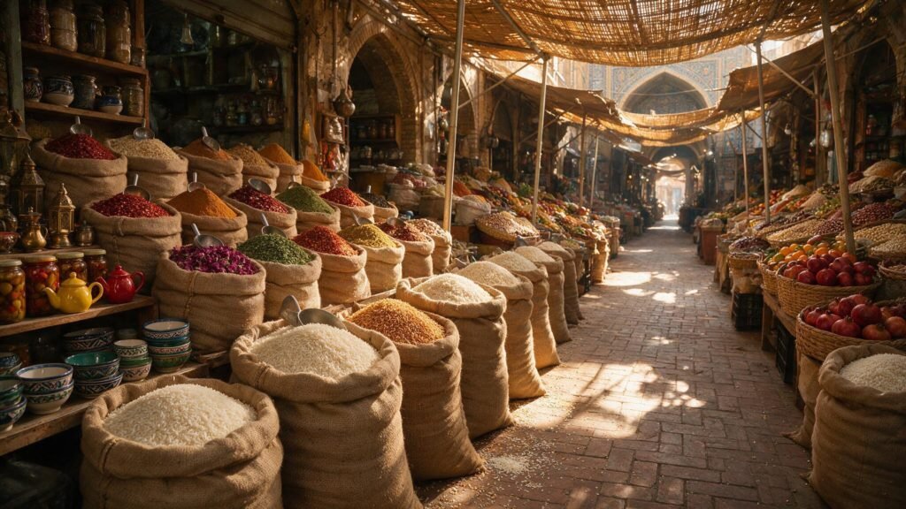 Open sacks of long-grain rice in a Baghdad bazaar for Iraq rice market imports