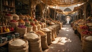 Open sacks of long-grain rice in a Baghdad bazaar for Iraq rice market imports