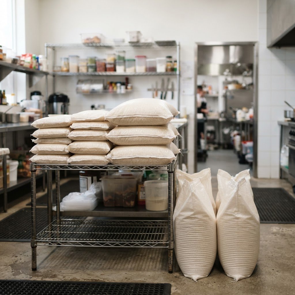 IRRI-6 long grain rice in 20kg and 40kg bags in a catering kitchen store
