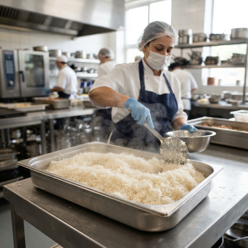 IRRI-6 long grain rice served at scale in a labour accommodation catering kitchen