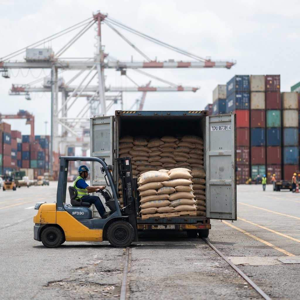 IRRI-6 long grain rice loaded for shipment to African and Gulf ports