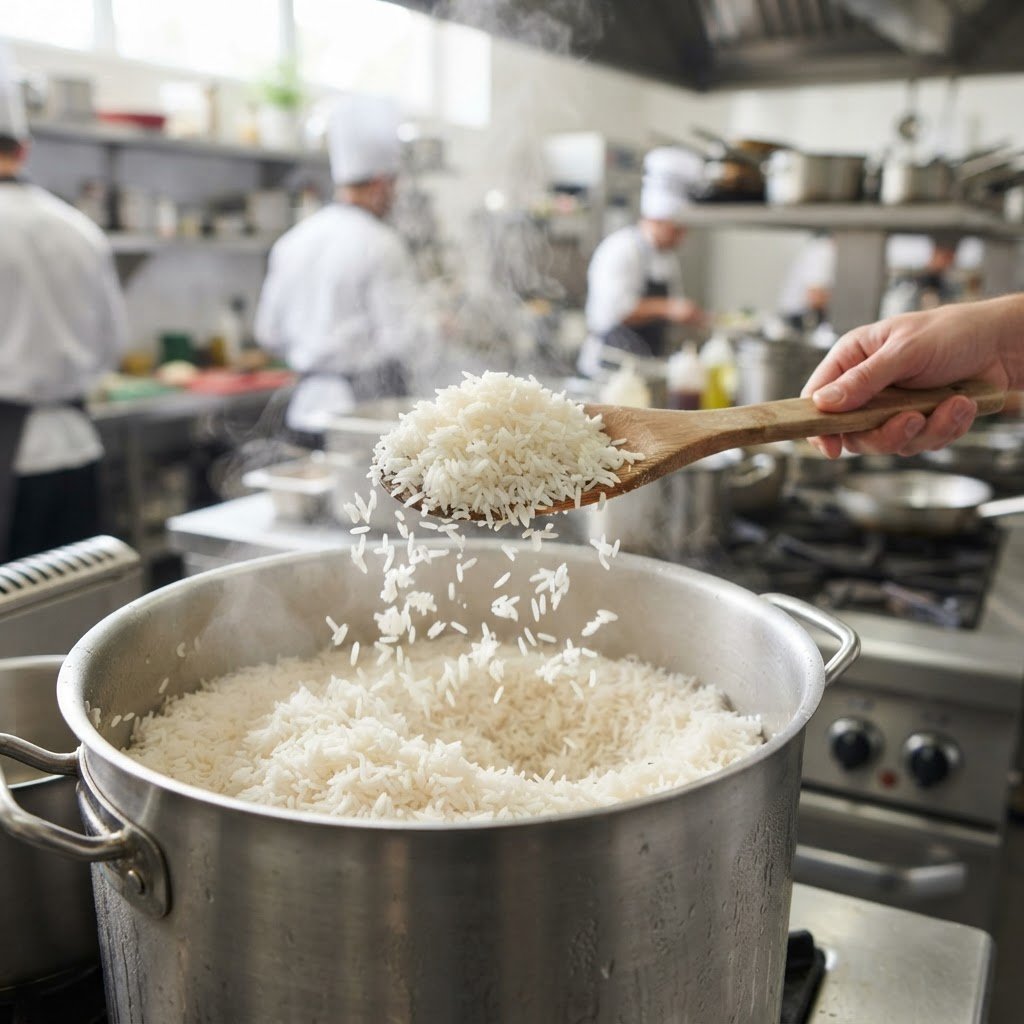 IRRI-6 long grain rice cooked in volume, grains staying dry and separate