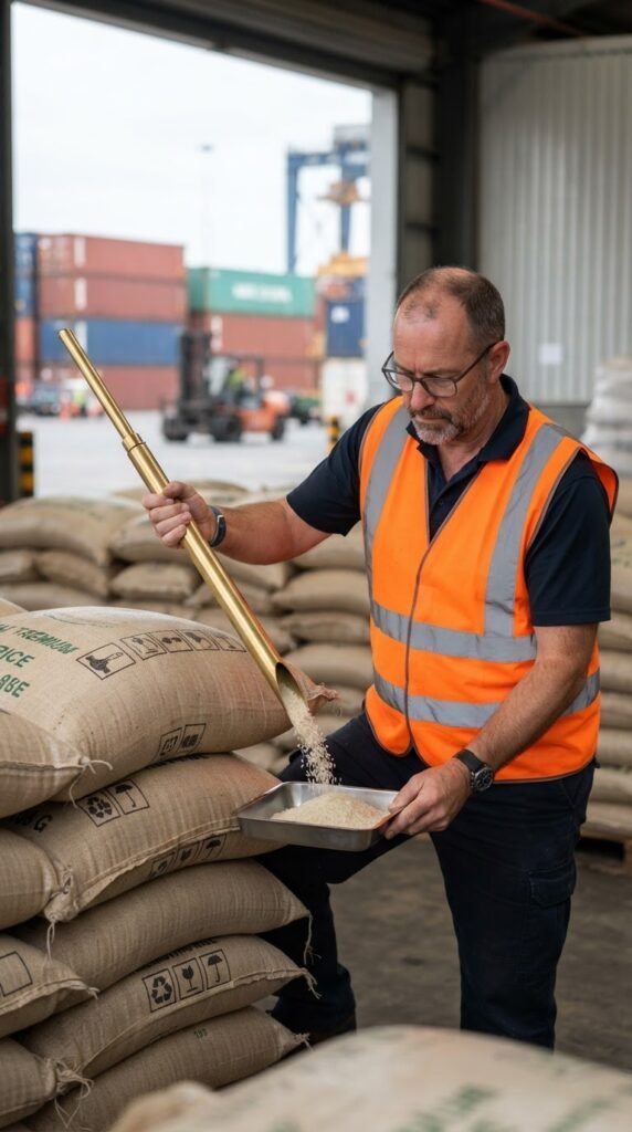 IRRI-6 long grain rice sampled by an inspector before loading at the port
