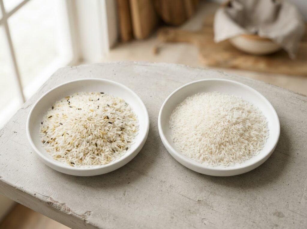 IRRI-6 long grain rice before and after colour sortex, showing varietal purity